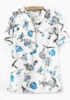 Romwe V Neck With Pockets Flower Print Blue Top