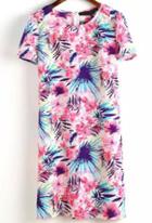 Romwe Red Round Neck Short Sleeve Floral Slim Dress