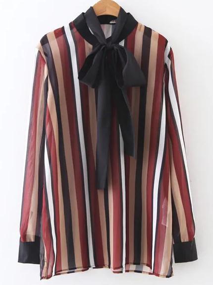 Romwe Multicolor Vertical Striped Tie Neck Chiffon Blouse