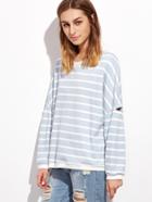 Romwe Blue Striped Drop Shoulder Seam Cutout Sweatshirt