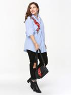 Romwe Embroidered Rose Applique Striped Blouse