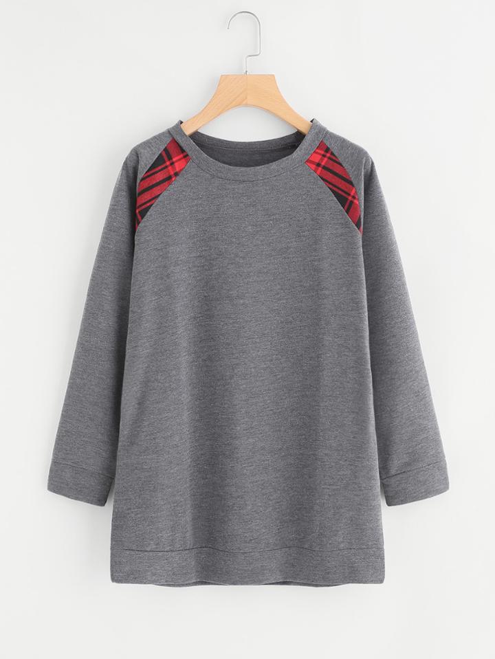 Romwe Plaid Elbow Patch Raglan Sleeve Long Sweatshirt