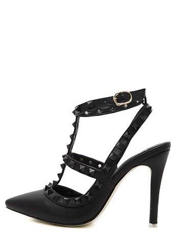Romwe Black Point Out Studded Slingbacks Heels