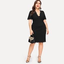 Romwe Plus Plunging Neck Scallop Edge Dress