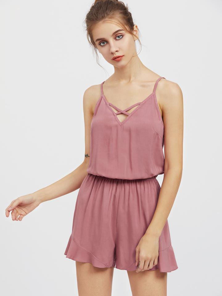Romwe Crisscross Front Frill Hem Blouson Cami Romper