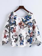 Romwe White Flower Print V Back Blouse
