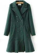 Romwe Lapel Double Breasted Long Green Coat