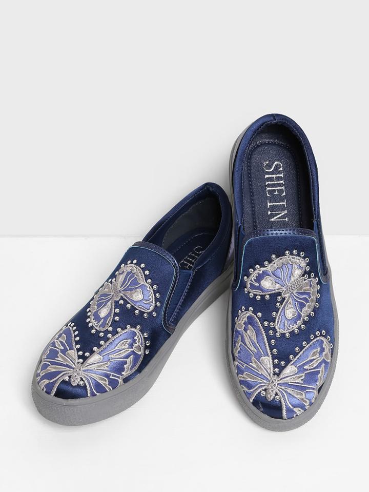 Romwe Rhinestone Butterfly Embroidery Satin Sneakers
