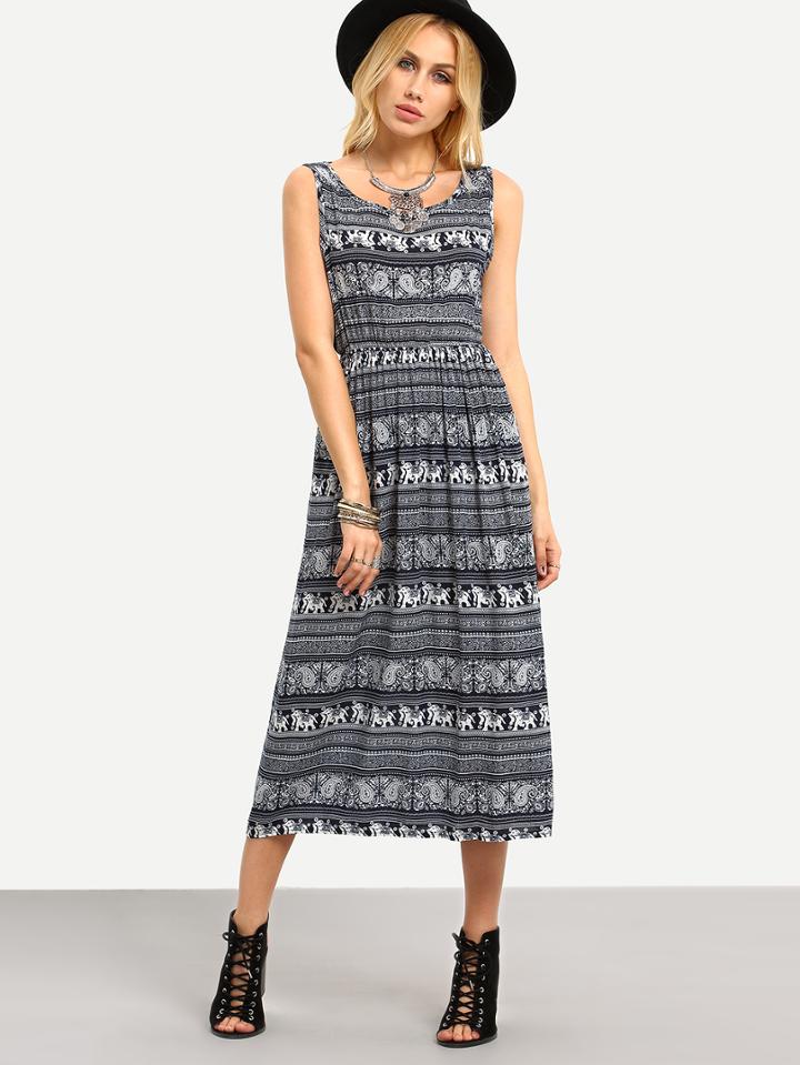 Romwe Paisley Print Sleeveless Long Dress