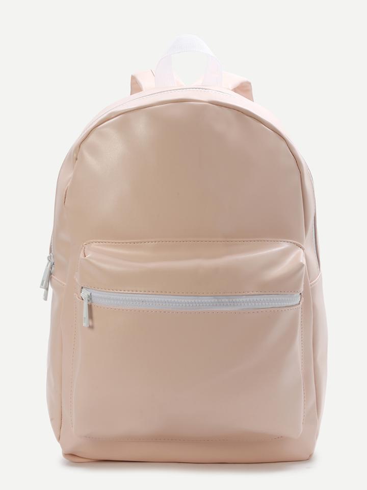 Romwe Light Pink Front Pocket Pu Backpack