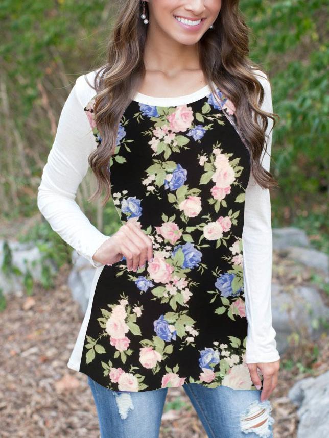 Romwe Long Sleeve Florals Black T-shirt