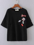 Romwe Black Ripped Detail T-shirt With Patch