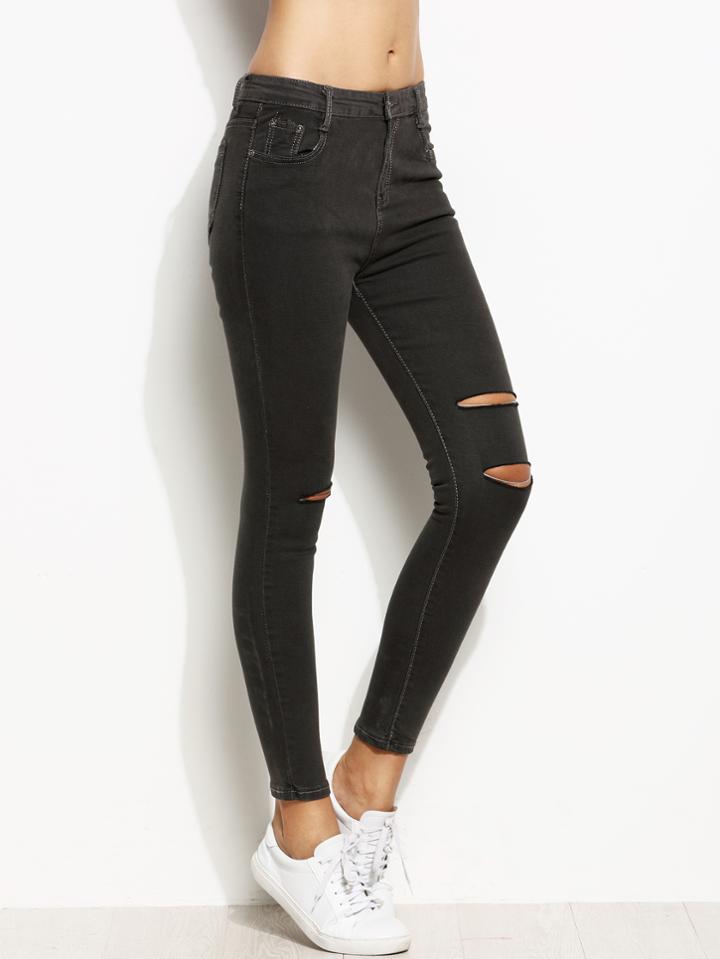 Romwe Dark Grey Ripped Skinny Jeans