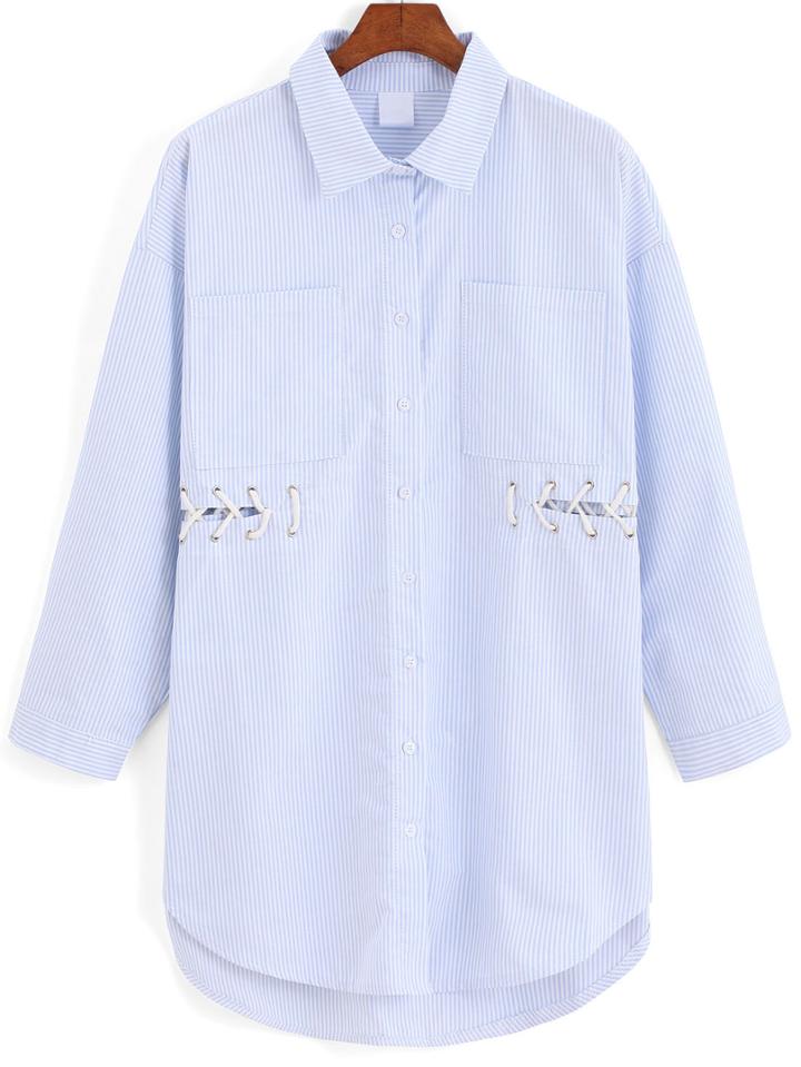 Romwe Vertical Stripe Bandage Pockets Blouse