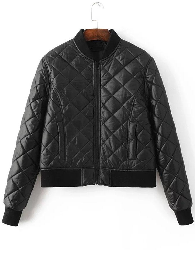 Romwe Black Diamond Pattern Quilted Padded Zipper Jacket