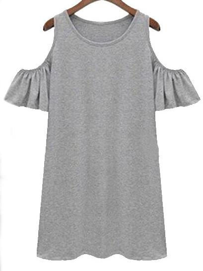 Romwe Grey Cutout Shoulder Ruffle Sleeve Dress