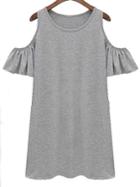 Romwe Grey Cutout Shoulder Ruffle Sleeve Dress