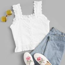Romwe Embroidered Ruffle Hem Button Front Cami Top