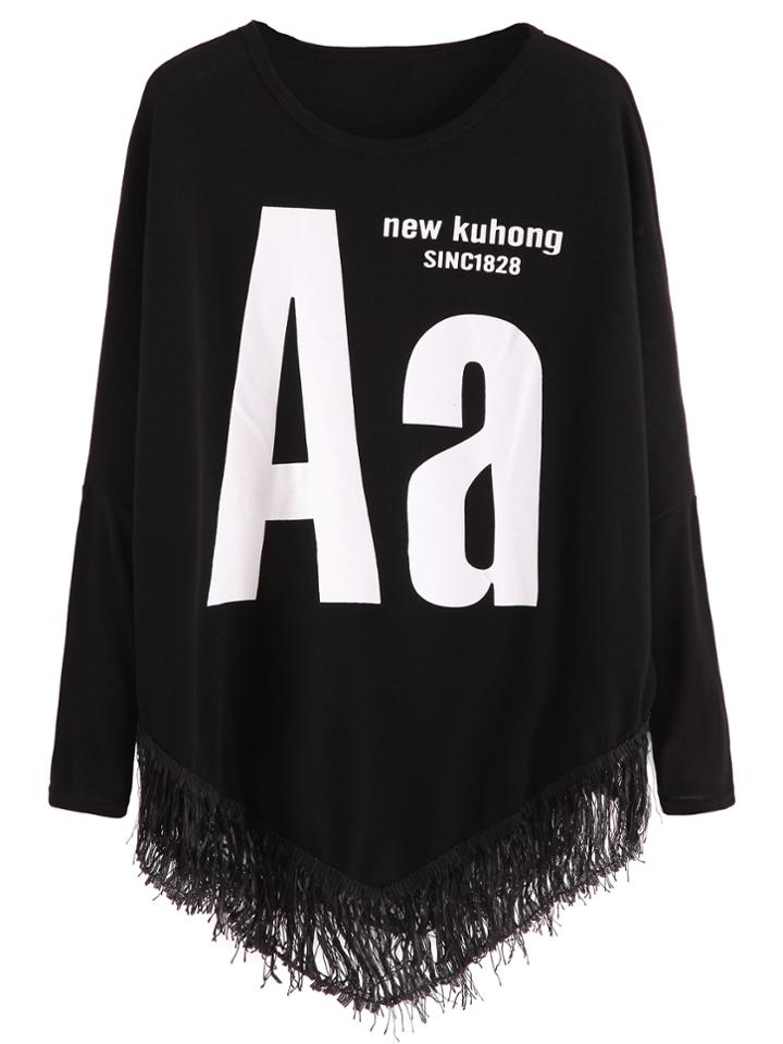 Romwe Black Letter Print Drop Shoulder Seam Fringe T-shirt