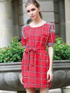 Romwe Short Sleeve Plaid With Belt Red Dress