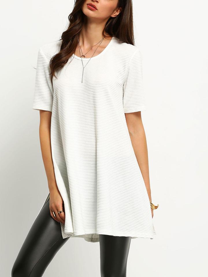 Romwe White Ribbed Side Slit T-shirt