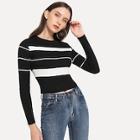 Romwe Rib Knit Trim Striped Sweater
