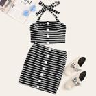 Romwe Button Front Rib-knit Striped Halter Top And Skirt Set