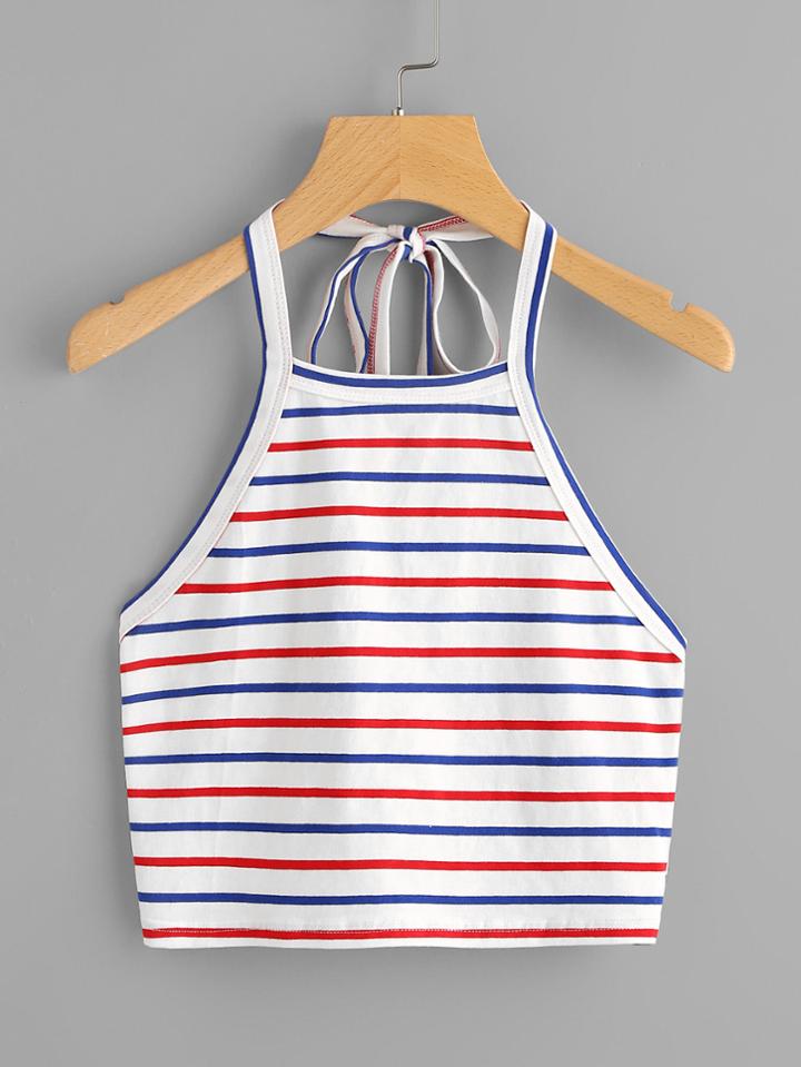 Romwe Crop Self Tie Halter Top
