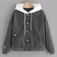 Romwe Color-block Letter Embroidered Hooded Tweed Jacket