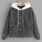 Romwe Color-block Letter Embroidered Hooded Tweed Jacket