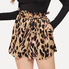 Romwe Plus Ruffle Waist Belted Leopard Print Shorts