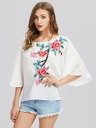 Romwe Flower Blossom Applique Fluted Sleeve Top