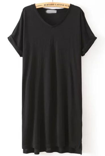 Romwe Black V Neck Short Sleeve Loose Dress
