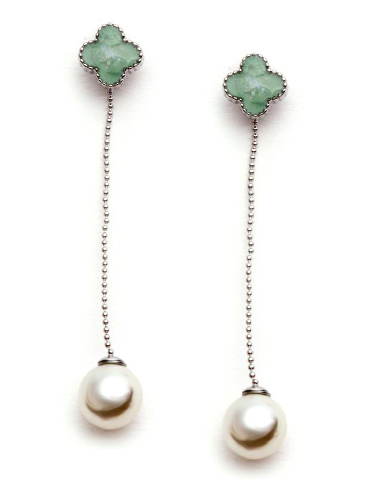 Romwe Green Four Leaf Clover Faux Pearl Drop Earrings