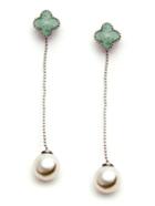 Romwe Green Four Leaf Clover Faux Pearl Drop Earrings