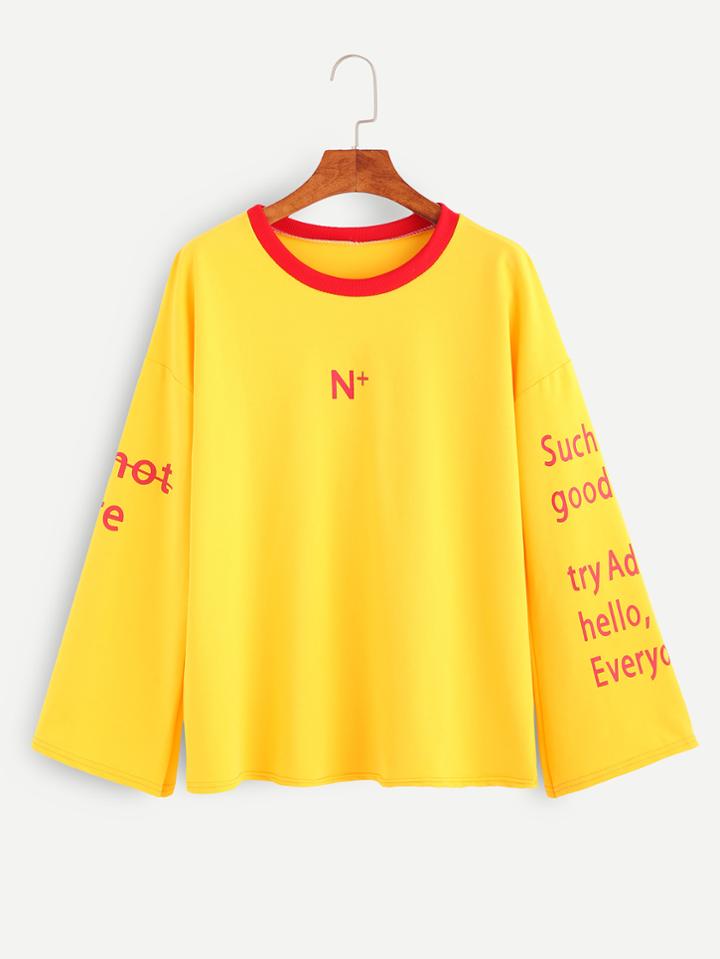 Romwe Contrast Neck Letter Print Drop Shoulder T-shirt
