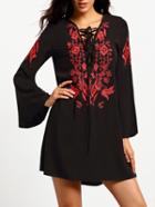 Romwe Black Long Sleeve Lace Up Embroidered Dress