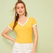 Romwe Contrasting Binding V-neck Ringer Tee