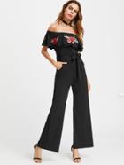 Romwe Embroidered Flower Patch Flounce Off Shoulder Belt Jumpsuit