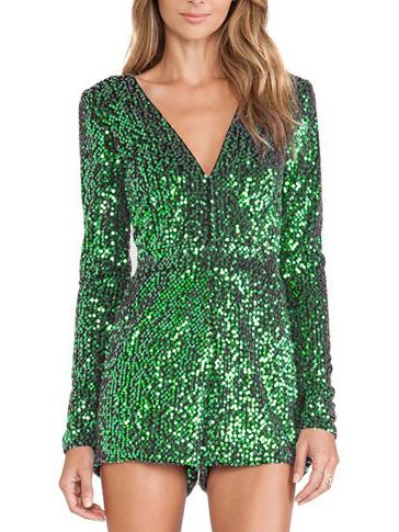 Romwe Deep V Neck Long Sleeve Sequin Romper