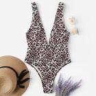 Romwe Leopard Print Deep-v Plunge One Piece Swimsuit