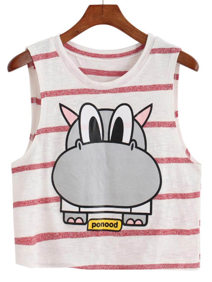 Romwe Hippo Print Striped Tank Top