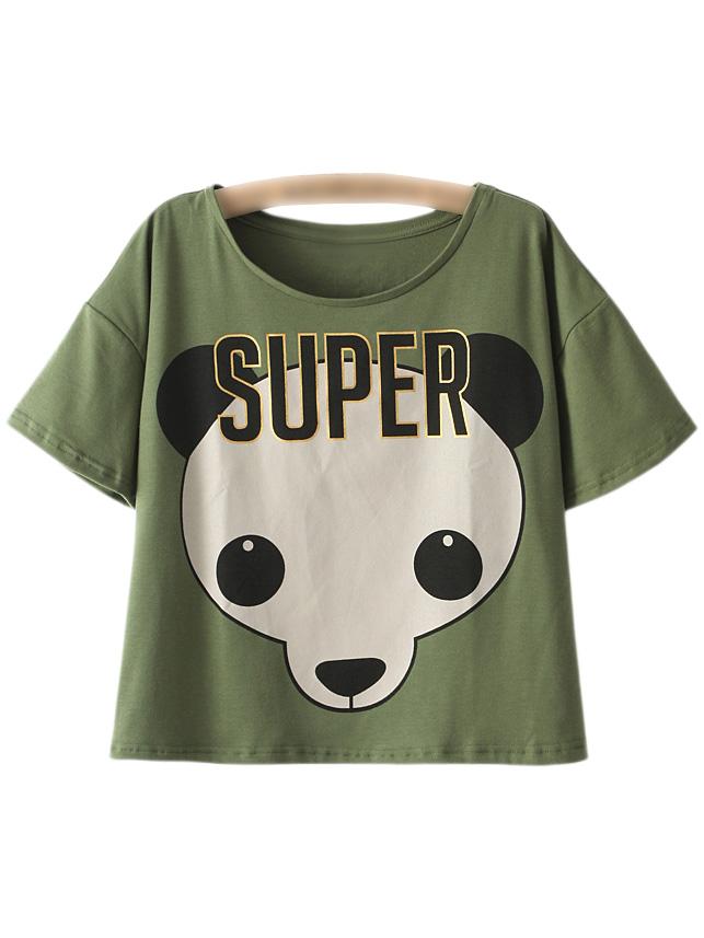 Romwe Army Green Letter Panda Print Casual T-shirt