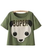 Romwe Army Green Letter Panda Print Casual T-shirt