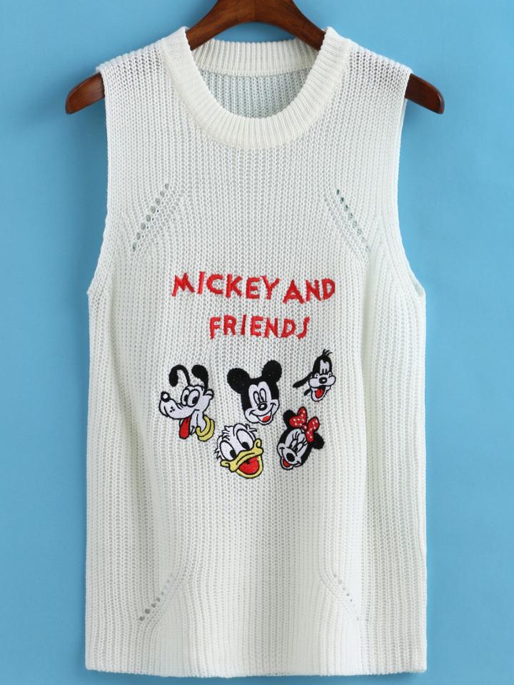 Romwe Mickey Embroidered Knit Hollow White Tank Top