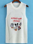 Romwe Mickey Embroidered Knit Hollow White Tank Top