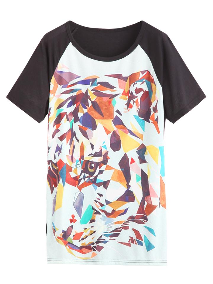 Romwe Color Block Abstract Leopard Print Raglan Sleeve T-shirt