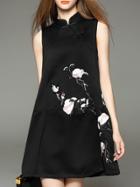 Romwe Black Sleeveless Embroidered Pockets A-line Dress
