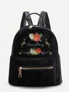 Romwe Flower Embroidered Zipper Front Velvet Backpack