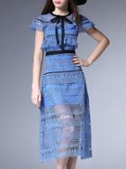 Romwe Blue Contrast Self-tie Ruffle Hollow Lace Dress